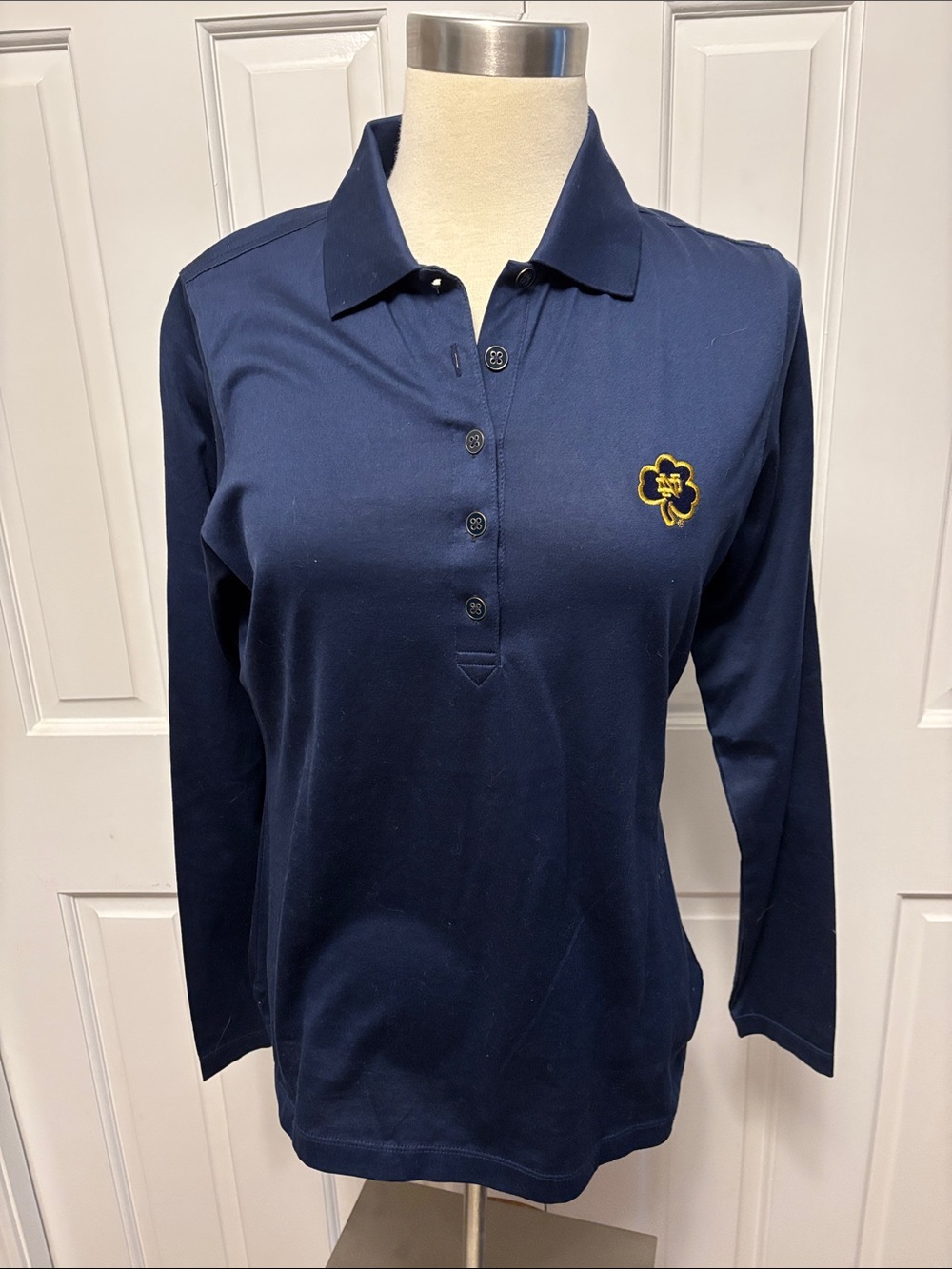 Peter Millar Notre Dame Navy Long-Sleeve Polo with Gold Embroidered Clover